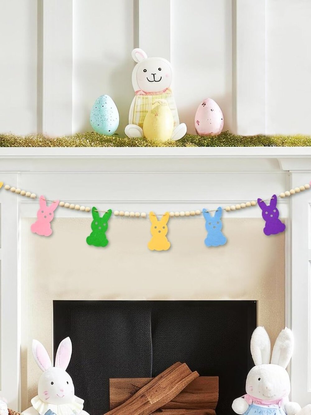 4.2 FT Easter Day Wooden Beads Garland with Colorful Bunny-Shaped Charms, Spring